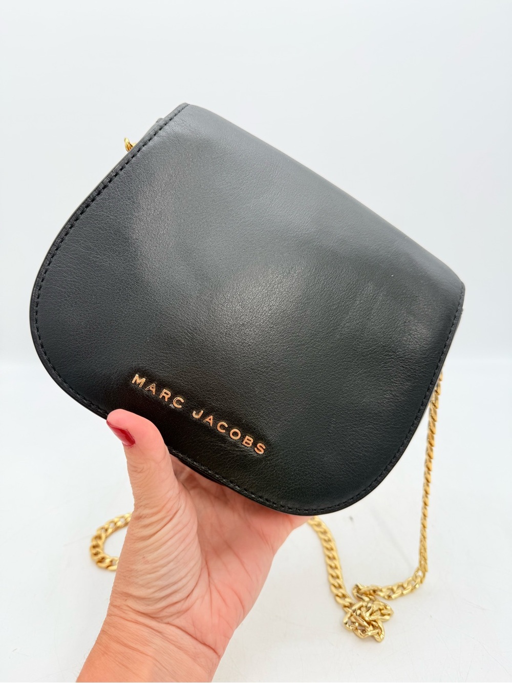 Marc Jacobs Black Leather Saddle Crossbody with Gold Chain